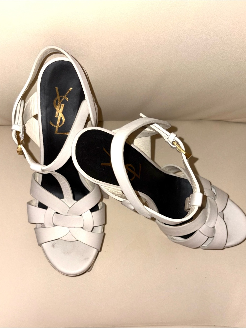 Saint Laurent White Leather Woven T-Strap Platform Sandals - Picture 3 of 10